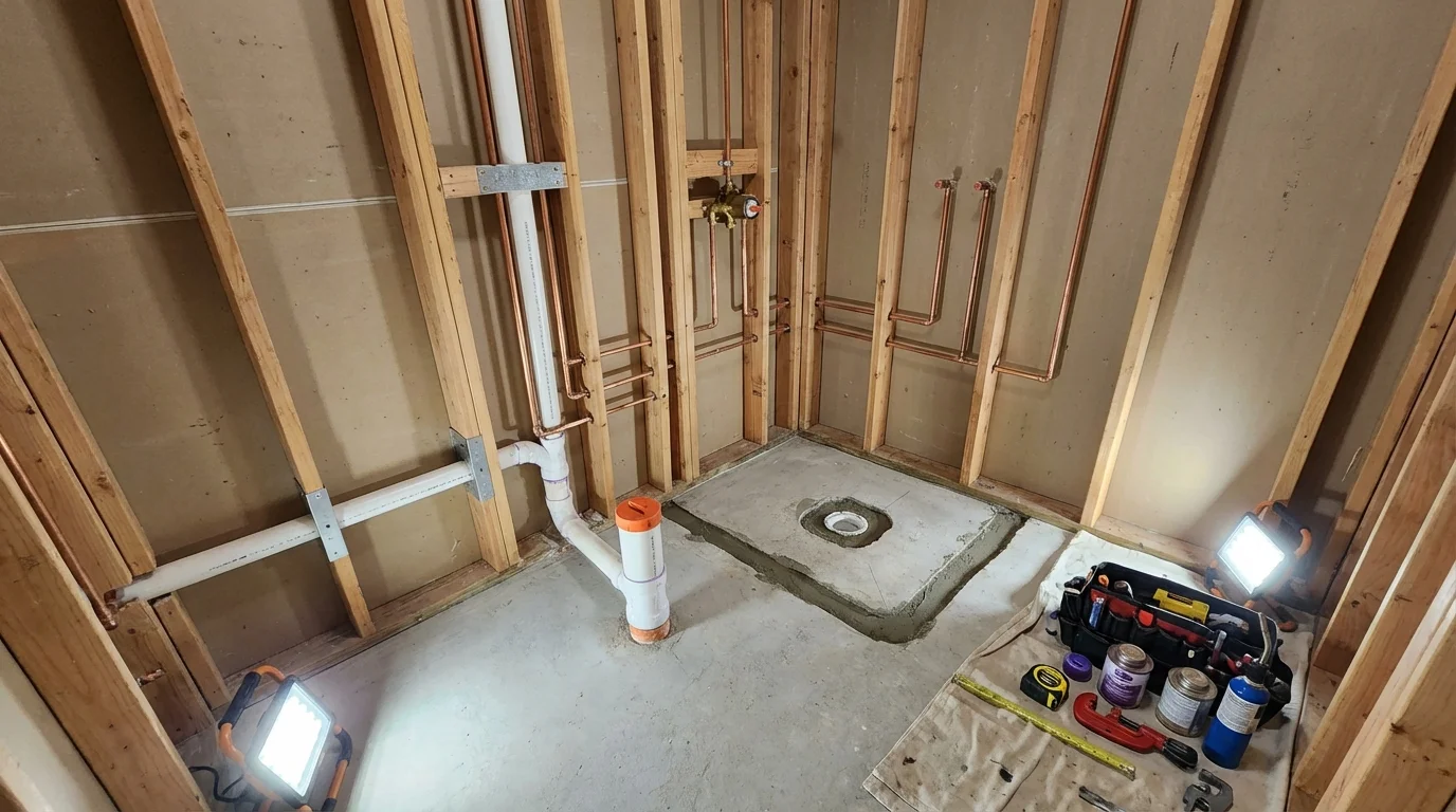 Bathroom rough-in plumbing during remodel by Johns Plumbing LLC in Pontotoc