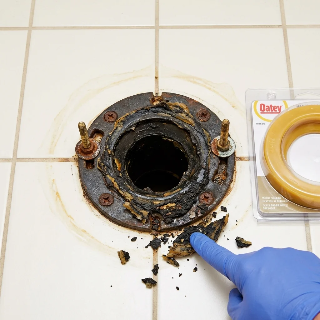 Failed wax ring showing water seepage at the base of a toilet in a Pontotoc, MS home