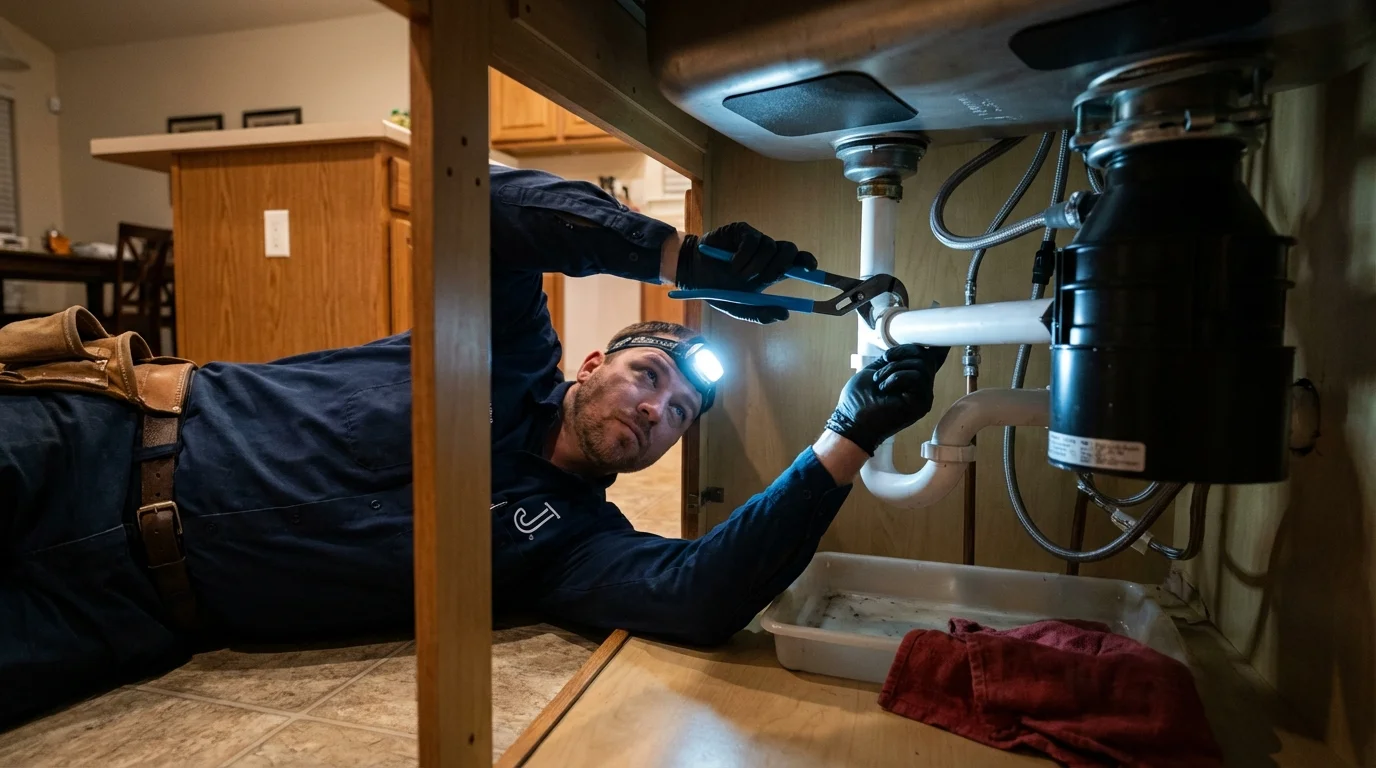P-trap and supply line connections under a kitchen sink showing a common leak point in Pontotoc, MS
